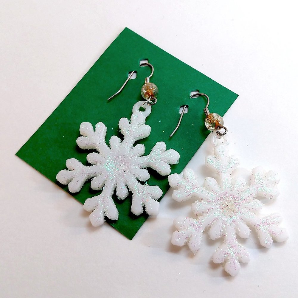 Handmade Snowflake Earring Gold Iridescent Sparkle Winter Holiday Christmas Gift